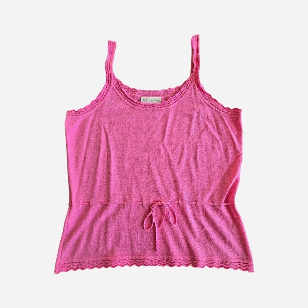 Vintage y2k hot pink tank top cami with tie waist and crochet trim